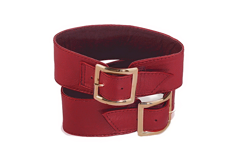 Scarlet red women's calf bracelets, to wear over boots. Front view - Florence KOOIJMAN